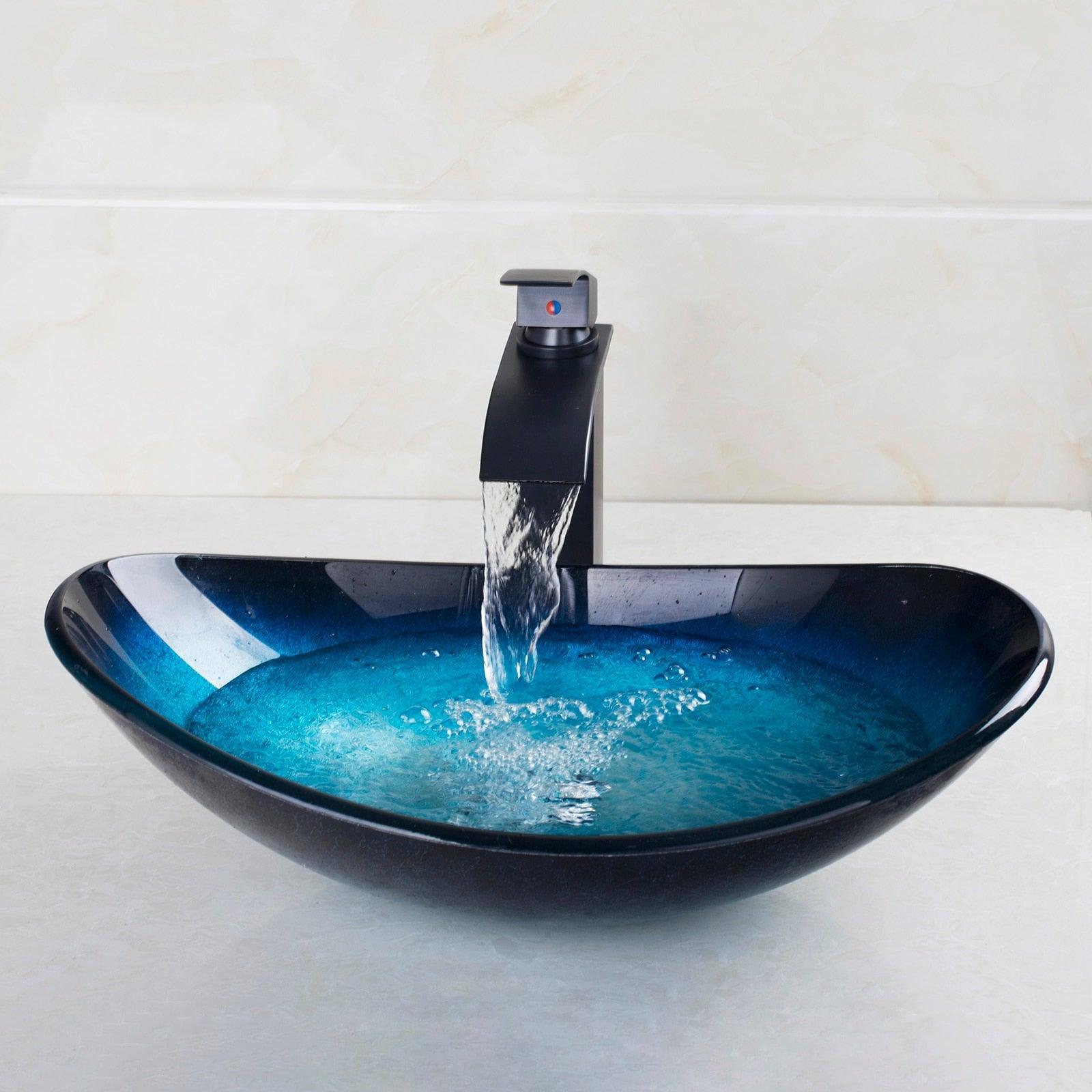 Corner Blue Oval Bathroom Glass Basin Sink With Combo Waterfall Black Faucet Set - Lush Home Gallery